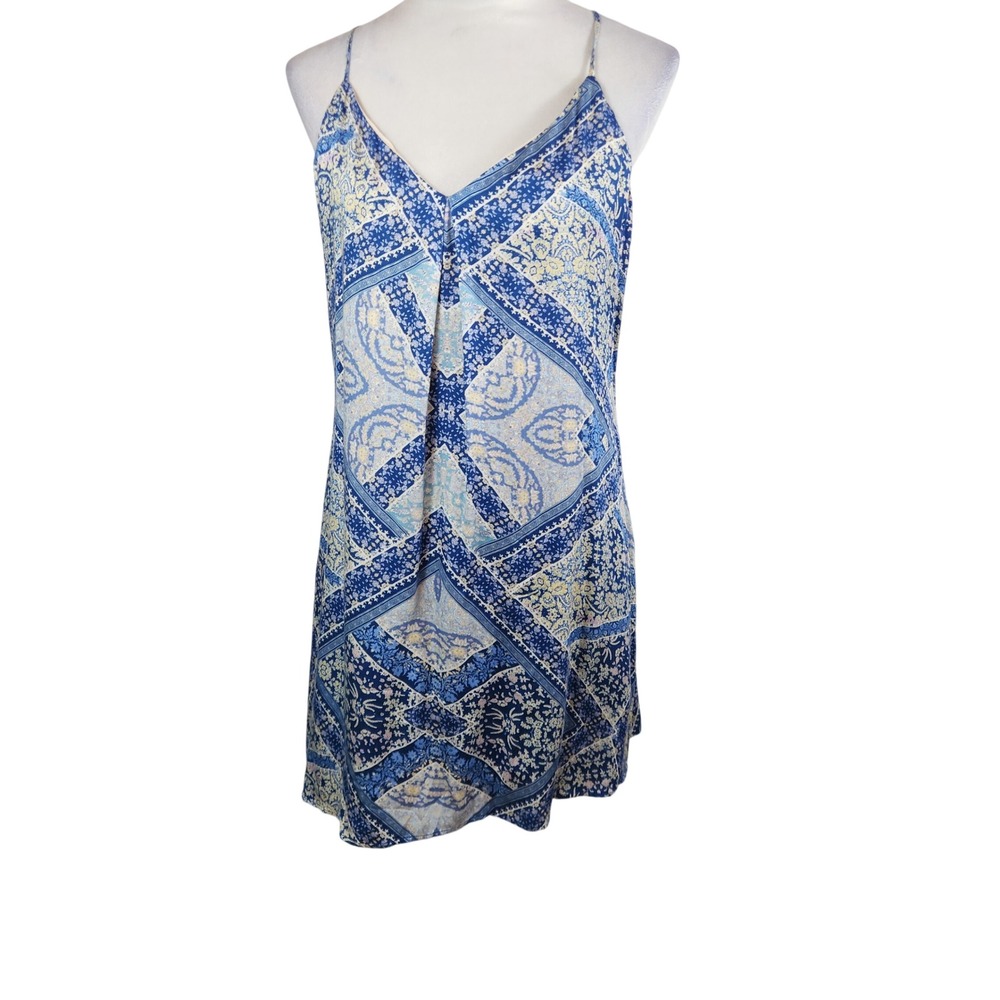 Lavender Brown Mini Slip Shift Dress Blue Silky Floral Print Resort Boho Large L